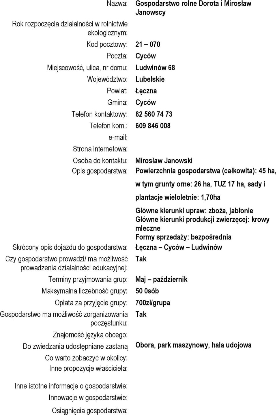 : 609 846 008 Strona internetowa: Osoba do kontaktu: Opis gospodarstwa: Opłata za przyjęcie grupy: Do zwiedzania udostępniane zastaną Mirosław Janowski Powierzchnia gospodarstwa