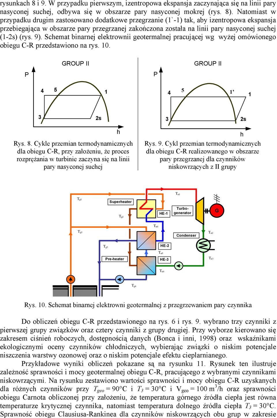 (rys. 9). Schemat binarnej elektrownii geotermalnej pracującej wg wyżej omówionego obiegu C-R przedstawiono na rys. 10. GROUP II GROUP II P P 5 4 1 5 4 1 1 3 2s 3 2s Rys. 8.