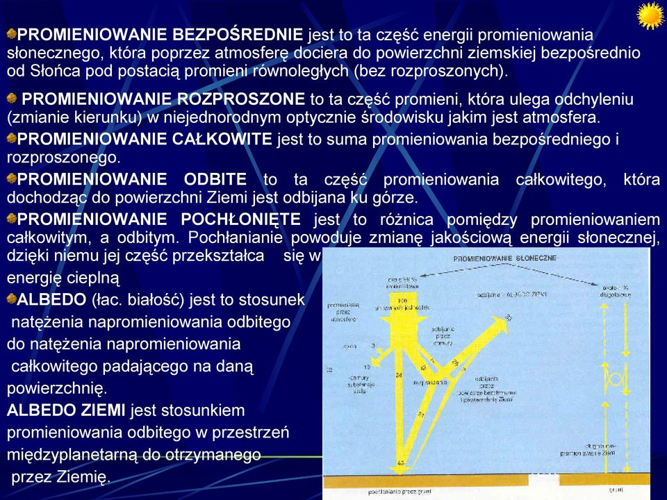 PROMIENIOWANIE CAŁKOWITE jest to suma promieniowania bezpośredniego i rozproszonego.