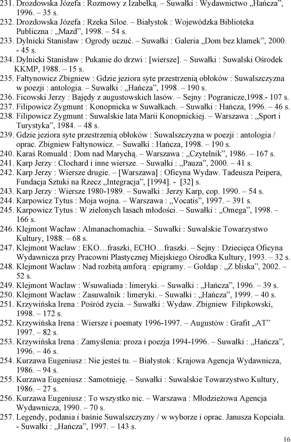 Fałtynowicz Zbigniew : Gdzie jeziora syte przestrzenią obłoków : Suwalszczyzna w poezji : antologia. Suwałki : Hańcza, 1998. 190 s. 236. Ficowski Jerzy : Bajędy z augustowskich lasów.