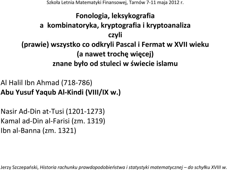 stuleci w świecie islamu Al Halil Ibn Ahmad (718 786) Abu Yusuf Yaqub Al Kindi (VIII/IX