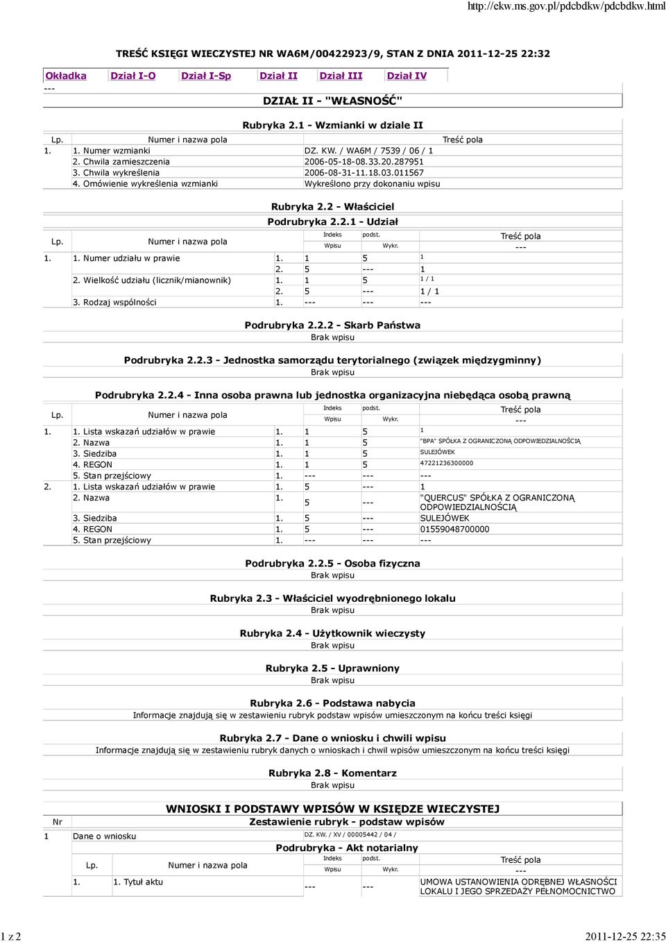 Omówienie wykreślenia wzmianki Wykreślono przy dokonaniu wpisu Rubryka 2.2 Właściciel Podrubryka 2.2.1 Udział 1. 1. Numer udziału w prawie 1. 1 5 1 2. 5 1 2. Wielkość udziału (licznik/mianownik) 1.