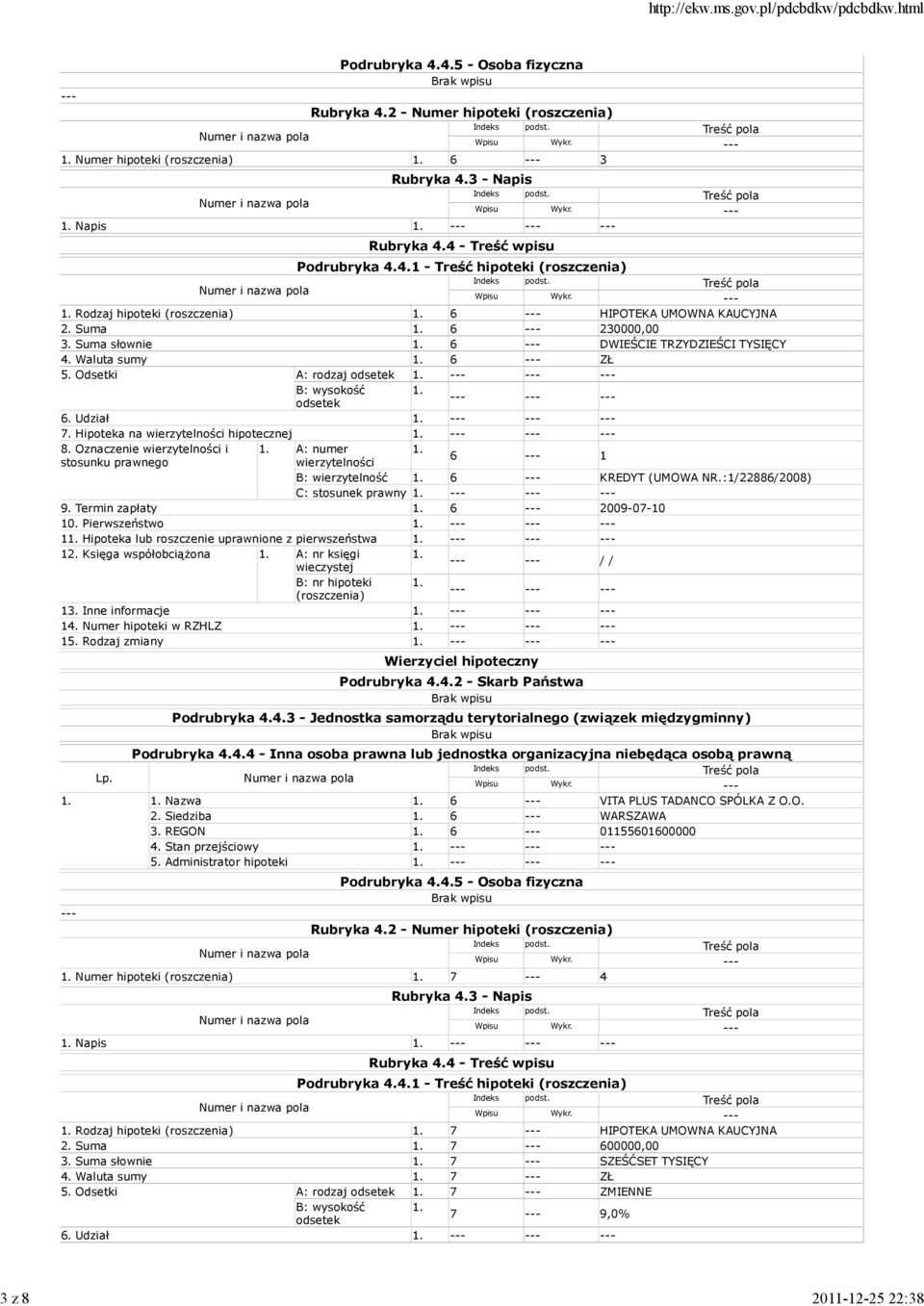 B: wysokość 1. odsetek 6. Udział 1. 7. Hipoteka na wierzytelności hipotecznej 1. 8. Oznaczenie wierzytelności i 1. A: numer 1. stosunku prawnego wierzytelności 6 1 B: wierzytelność 1.