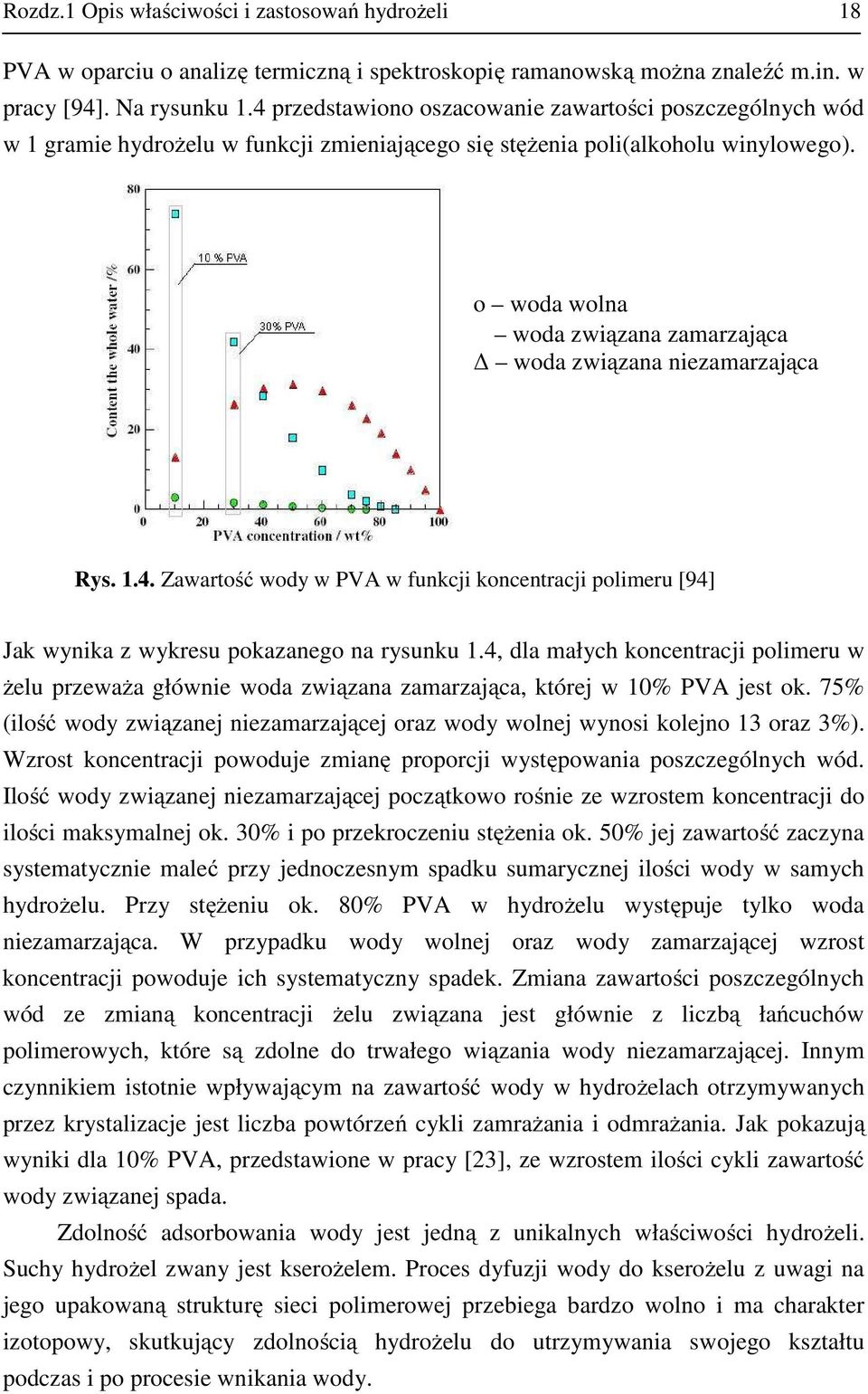 o woda wolna woda związana zamarzająca woda związana niezamarzająca Ry..4. Zawartość wody w PVA w funkcji koncentracji polimeru [94] Jak wynika z wykreu pokazanego na ryunku.