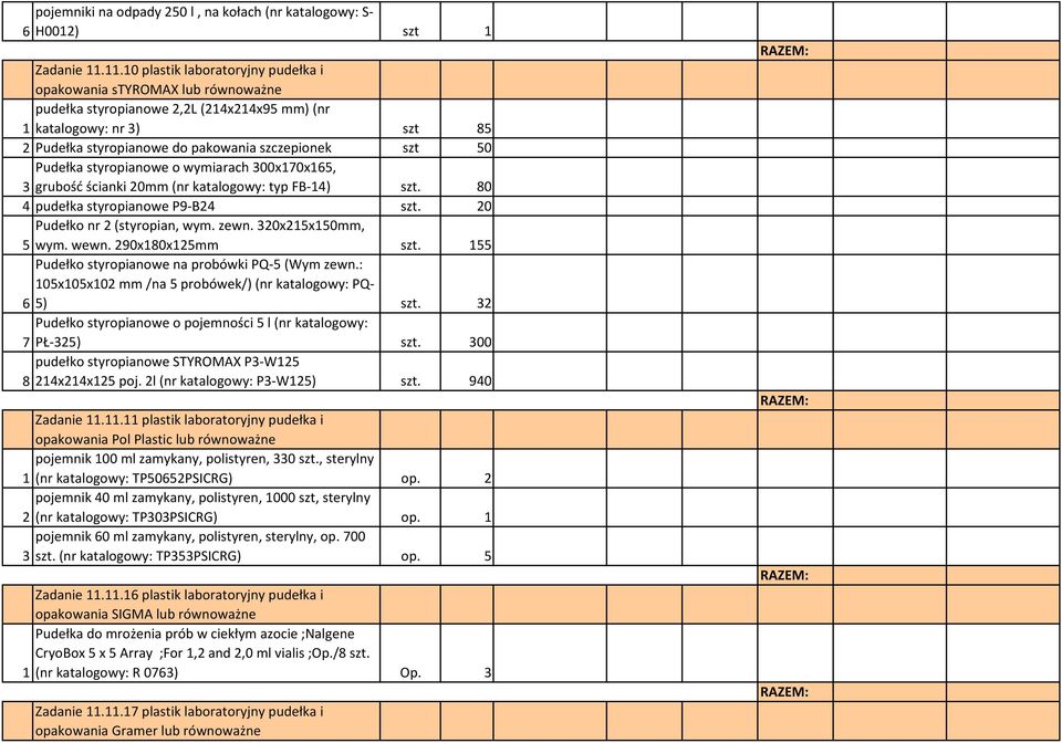 Pudełka styropianowe o wymiarach 300x70x65, 3 grubość ścianki 20mm (nr katalogowy: typ FB-4) szt. 80 4 pudełka styropianowe P9-B24 szt. 20 Pudełko nr 2 (styropian, wym. zewn. 320x25x50mm, 5 wym. wewn.