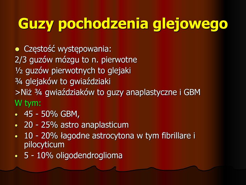 gwiaździaków to guzy anaplastyczne i GBM W tym: 45-50% GBM, 20-25% astro