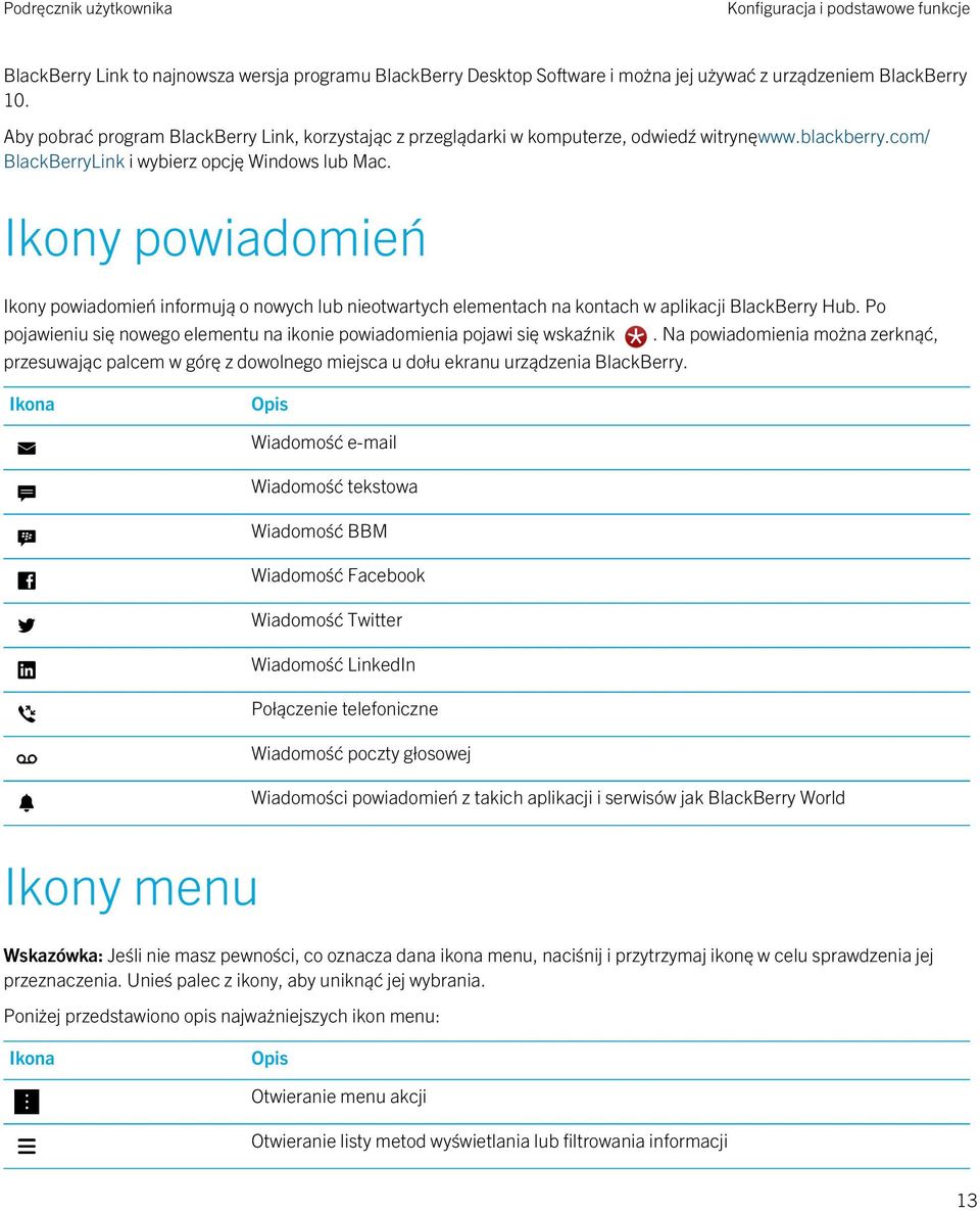 Ikony powiadomień Ikony powiadomień informują o nowych lub nieotwartych elementach na kontach w aplikacji BlackBerry Hub. Po pojawieniu się nowego elementu na ikonie powiadomienia pojawi się wskaźnik.