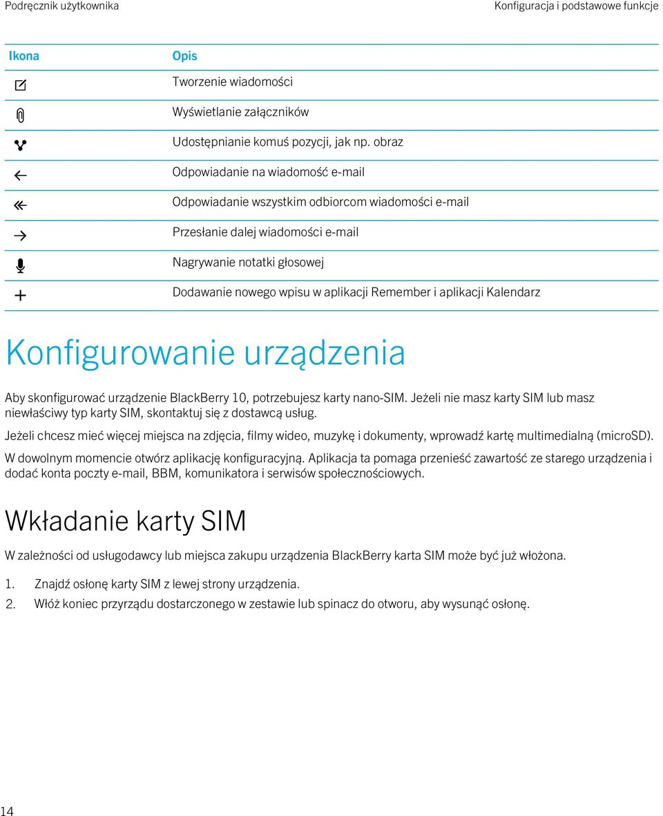 aplikacji Kalendarz Konfigurowanie urządzenia Aby skonfigurować urządzenie BlackBerry 10, potrzebujesz karty nano-sim.