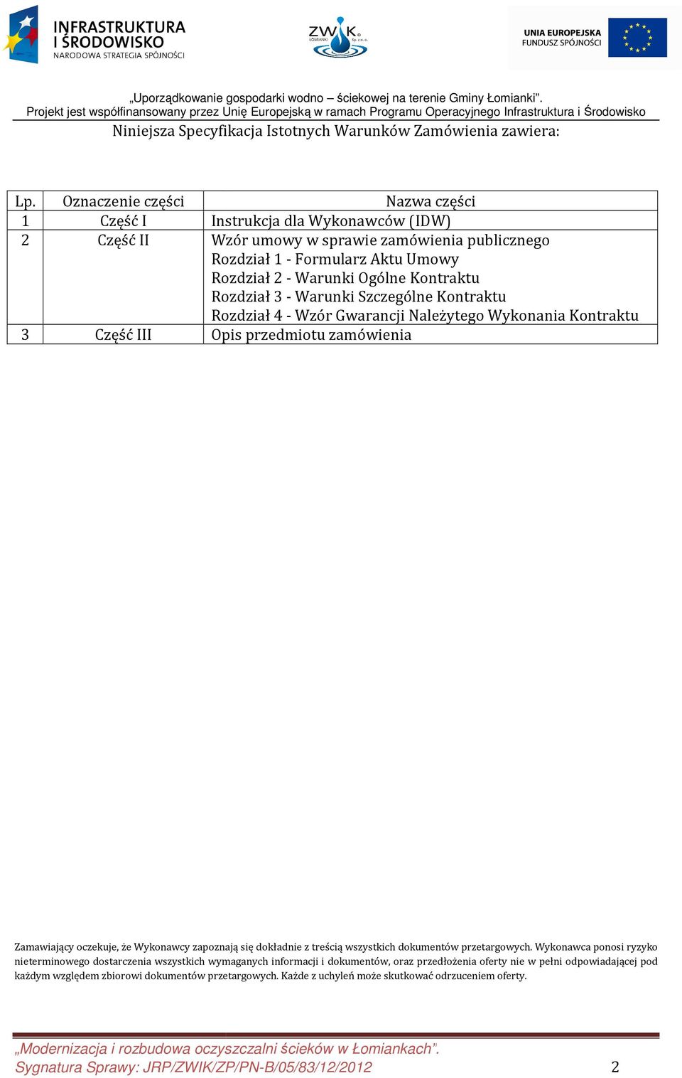 Oznaczenie części Nazwa części 1 Część I Instrukcja dla Wykonawców (IDW) 2 Część II Wzór umowy w sprawie zamówienia publicznego Rozdział 1 - Formularz Aktu Umowy Rozdział 2 - Warunki Ogólne Kontraktu