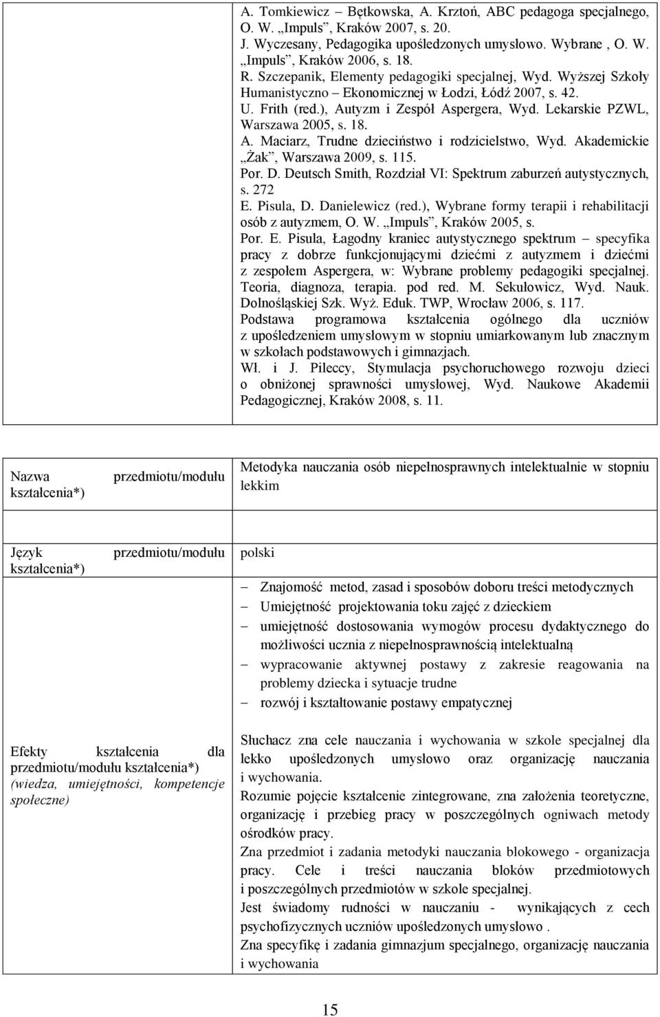 18. A. Maciarz, Trudne dzieciństwo i rodzicielstwo, Wyd. Akademickie Żak, Warszawa 2009, s. 115. Por. D. Deutsch Smith, Rozdział VI: Spektrum zaburzeń autystycznych, s. 272 E. Pisula, D.