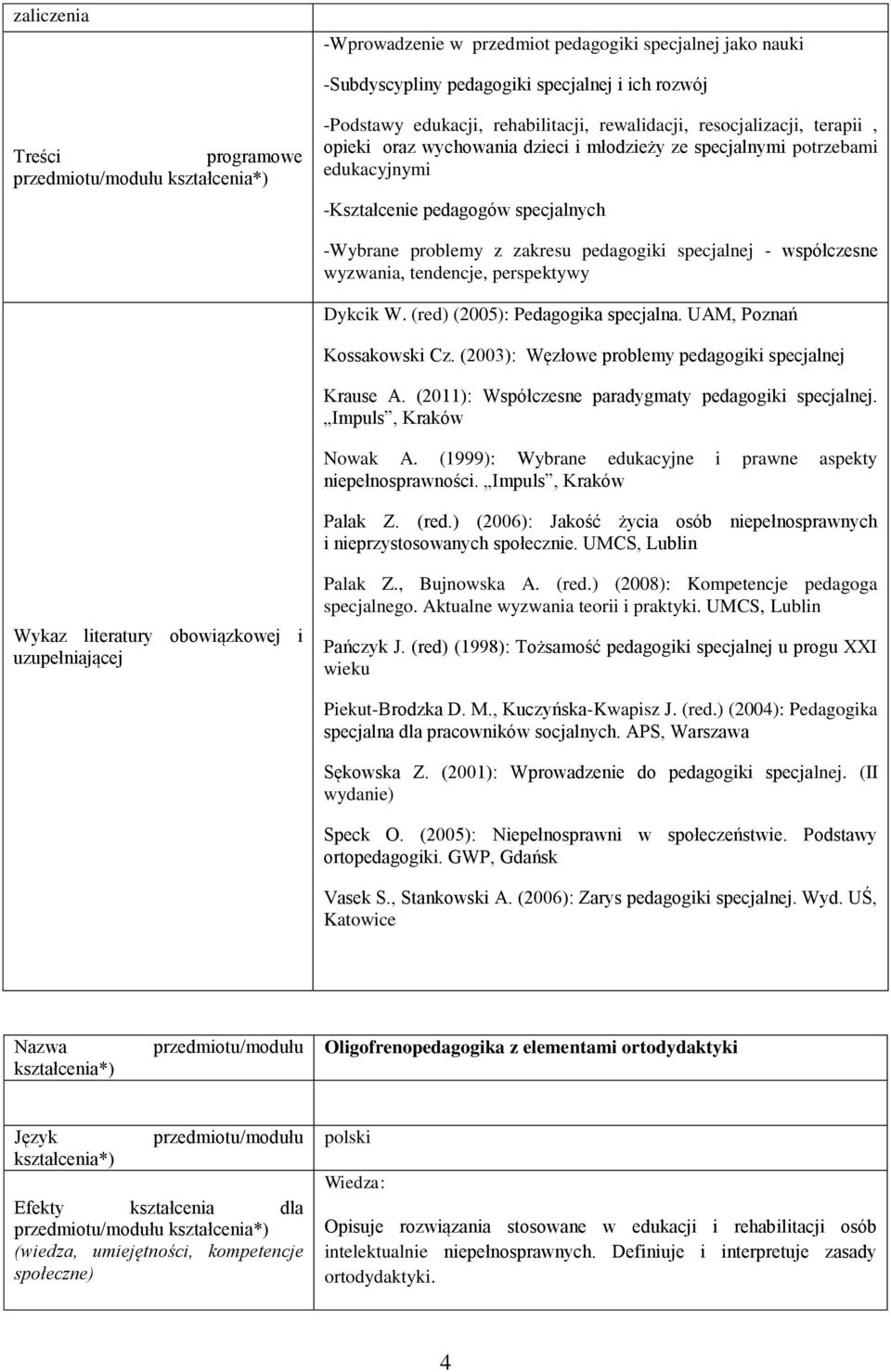 współczesne wyzwania, tendencje, perspektywy Dykcik W. (red) (2005): Pedagogika specjalna. UAM, Poznań Kossakowski Cz. (2003): Węzłowe problemy pedagogiki specjalnej Krause A.