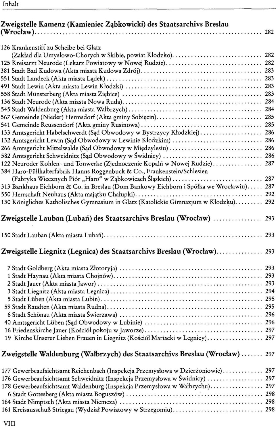 Münsterberg (Akta miasta Zi^bice) 283 136 Stadt Neurode (Akta miasta Nowa Ruda) 284 545 Stadt Waidenburg (Akta miasta Watbrzych) 284 567 Gemeinde (Nieder) Hermsdorf (Akta gminy Sobiean) 285 541