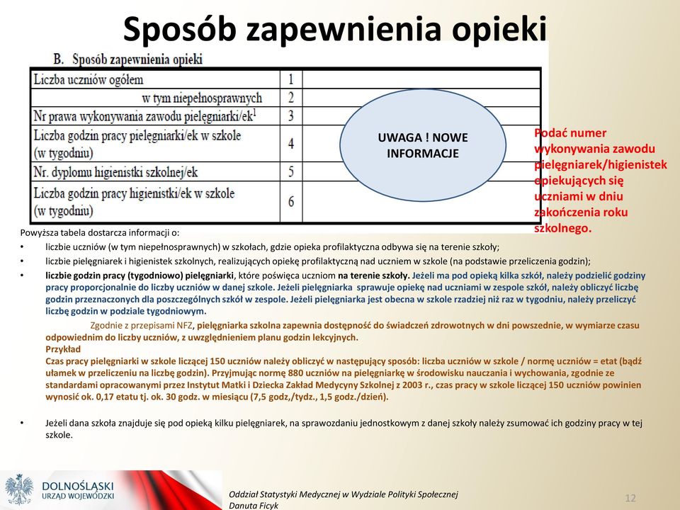 realizujących opiekę profilaktyczną nad uczniem w szkole (na podstawie przeliczenia godzin); liczbie godzin pracy (tygodniowo) pielęgniarki, które poświęca uczniom na terenie szkoły.