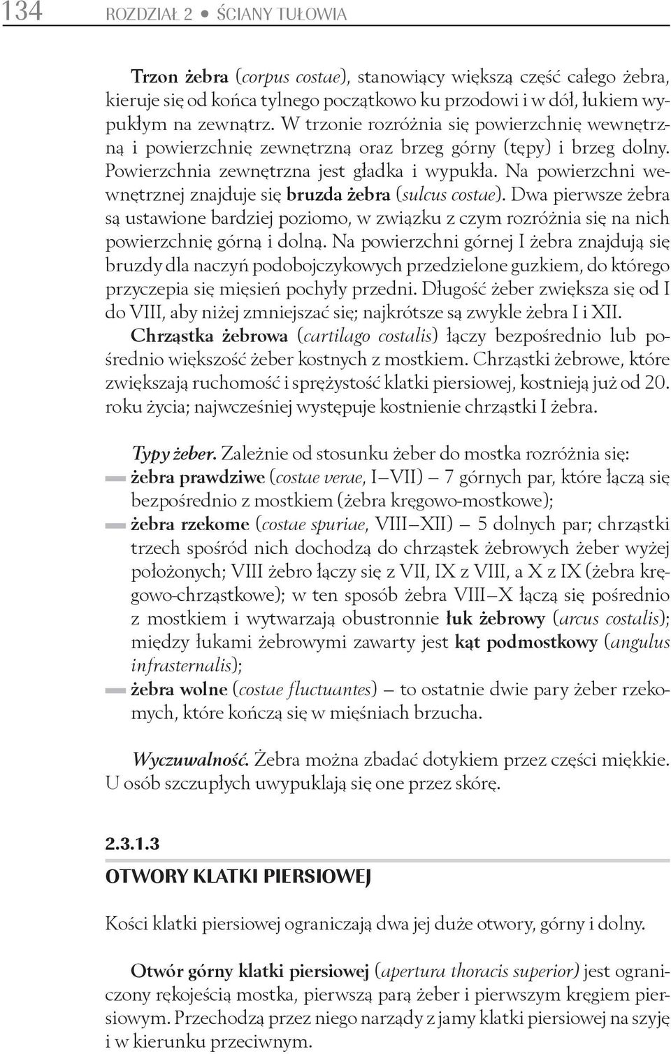 Na powierzchni wewnętrznej znajduje się bruzda żebra (sulcus costae). Dwa pierwsze żebra są ustawione bardziej poziomo, w związku z czym rozróżnia się na nich powierzchnię górną i dolną.