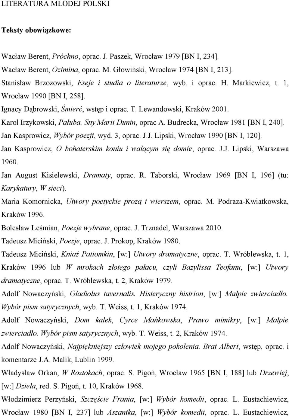 Karol Irzykowski, Pałuba. Sny Marii Dunin, oprac A. Budrecka, Wrocław 1981 [BN I, 240]. Jan Kasprowicz, Wybór poezji, wyd. 3, oprac. J.J. Lipski, Wrocław 1990 [BN I, 120].