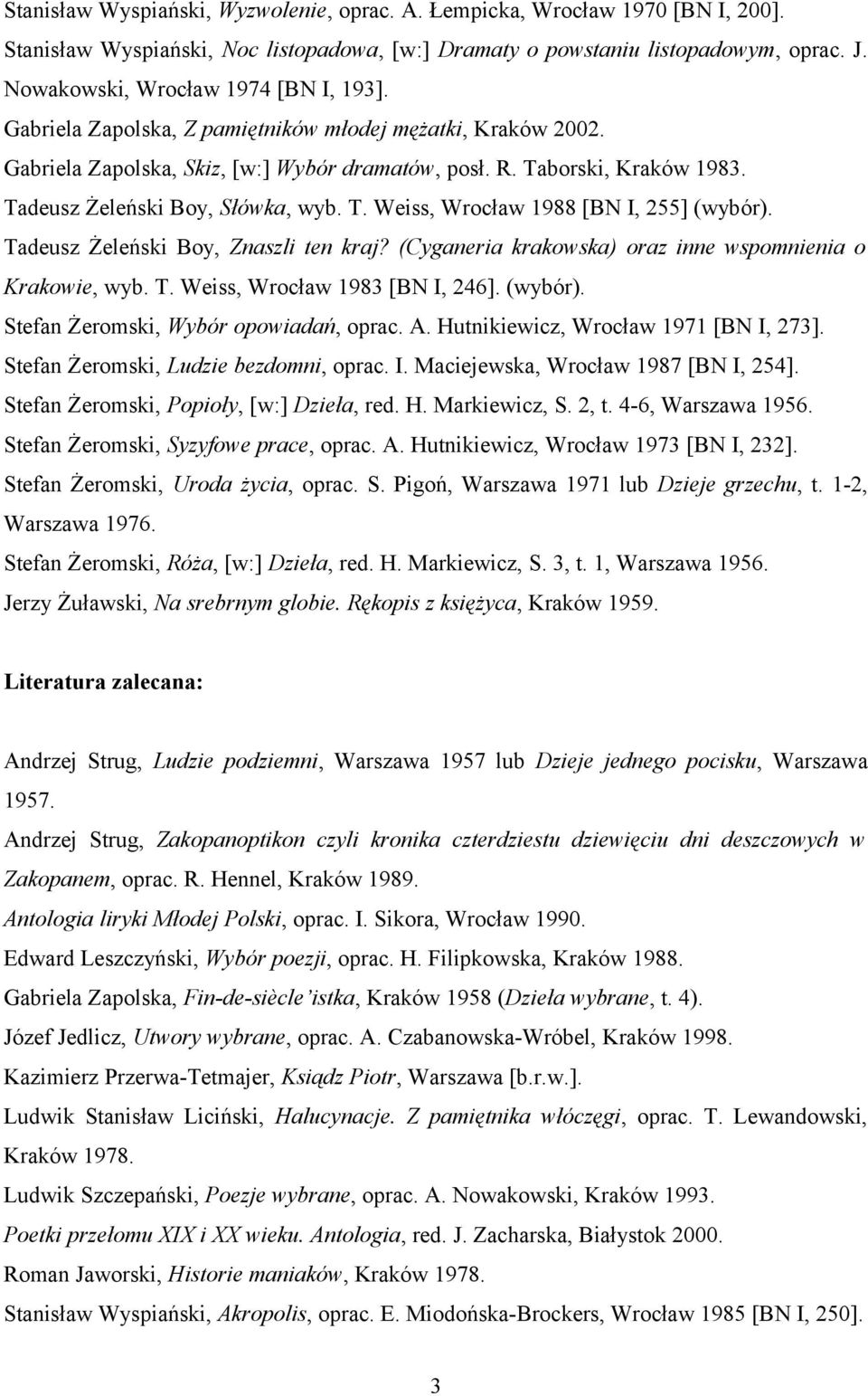 Tadeusz Żeleński Boy, Słówka, wyb. T. Weiss, Wrocław 1988 [BN I, 255] (wybór). Tadeusz Żeleński Boy, Znaszli ten kraj? (Cyganeria krakowska) oraz inne wspomnienia o Krakowie, wyb. T. Weiss, Wrocław 1983 [BN I, 246].