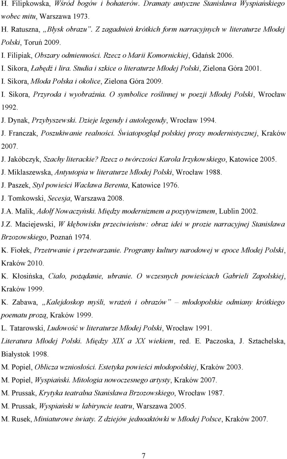 Studia i szkice o literaturze Młodej Polski, Zielona Góra 2001. I. Sikora, Młoda Polska i okolice, Zielona Góra 2009. I. Sikora, Przyroda i wyobraźnia.