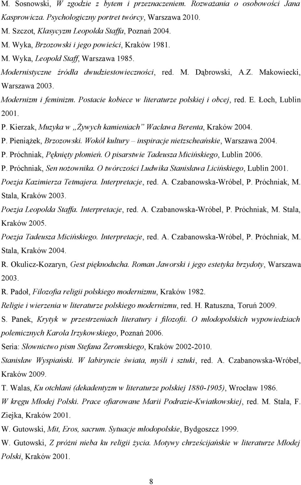 Postacie kobiece w literaturze polskiej i obcej, red. E. Łoch, Lublin 2001. P. Kierzak, Muzyka w Żywych kamieniach Wacława Berenta, Kraków 2004. P. Pieniążek, Brzozowski.