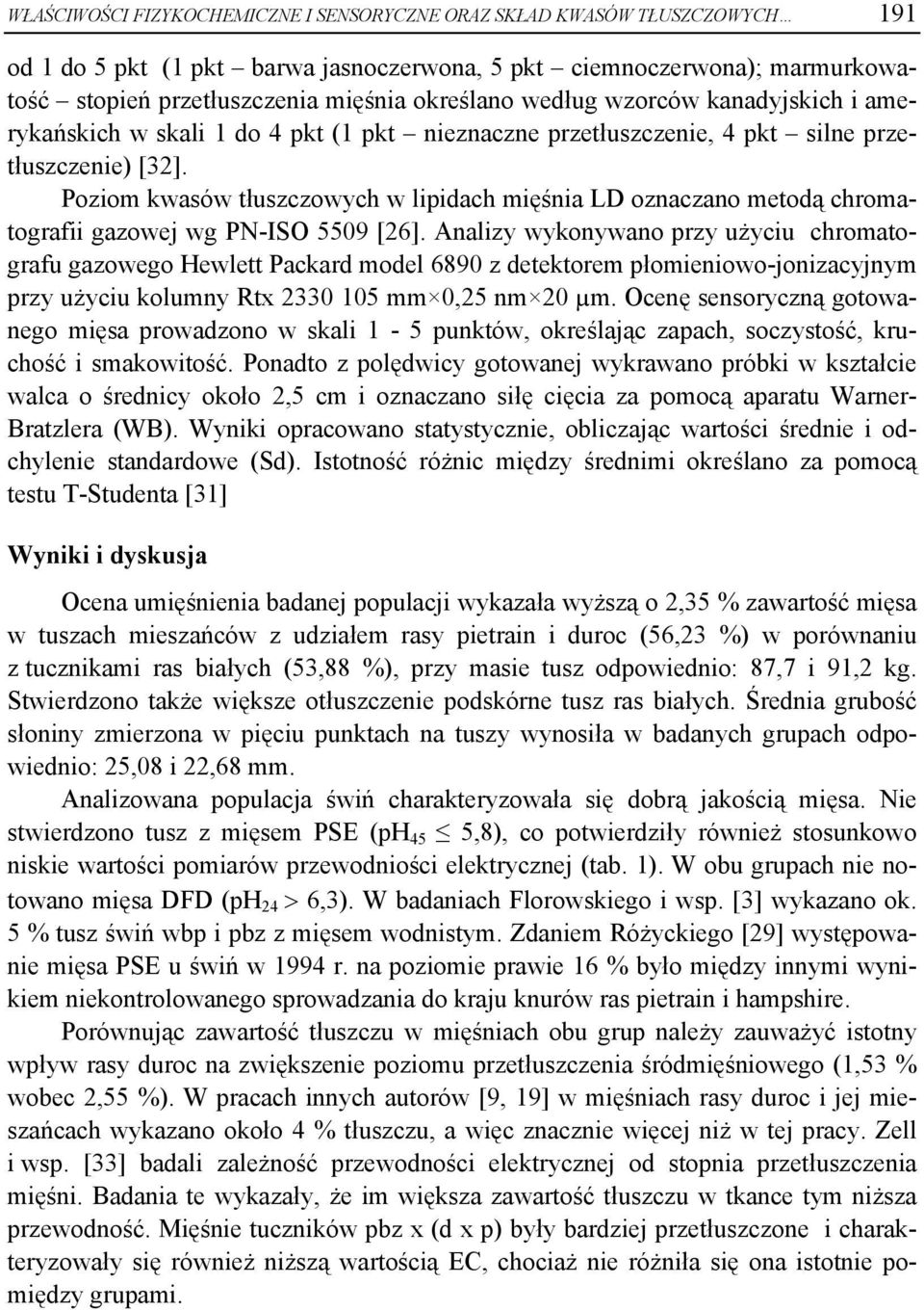 Poziom kwasów tłuszczowych w lipidach mięśnia LD oznaczano metodą chromatografii gazowej wg PN-ISO 5509 [26].