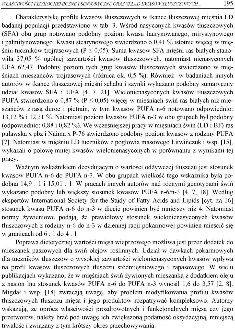 Kwasu stearynowego stwierdzono o 0,41 % istotnie więcej w mięśniu tuczników trójrasowych (P 0,05).