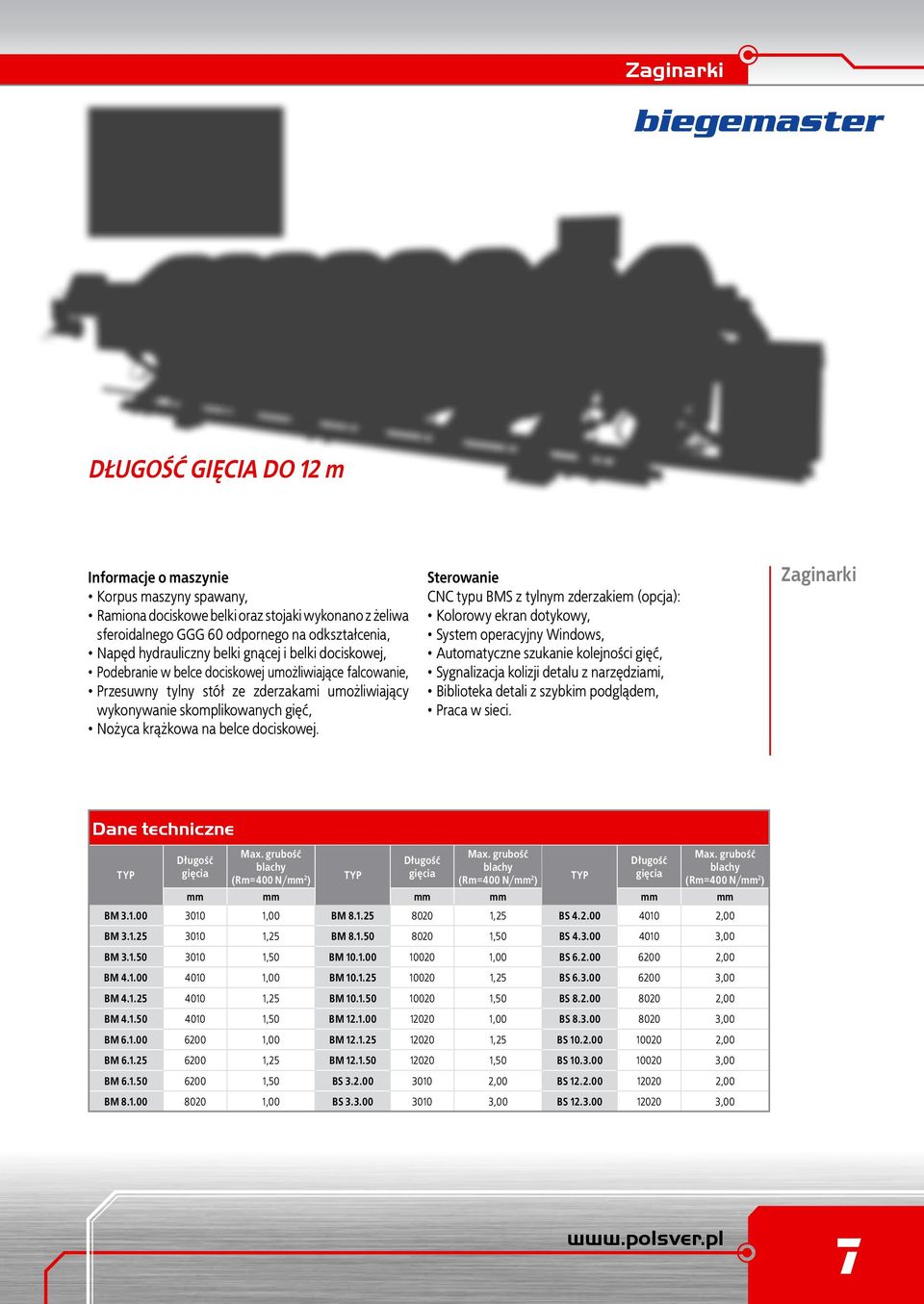 Zaginarki Sterowanie CNC typu BMS z tylnym zderzakiem (opcja): Kolorowy ekran dotykowy, System operacyjny Windows, Automatyczne szukanie kolejności gięć, Sygnalizacja kolizji detalu z narzędziami,