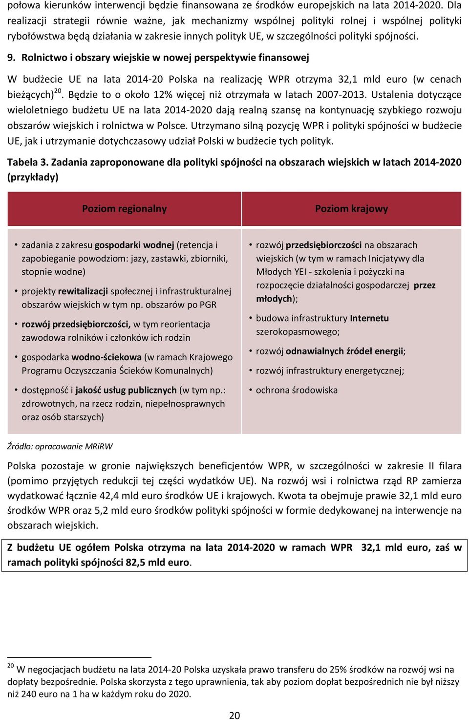 Rolnictwo i obszary wiejskie w nowej perspektywie finansowej W budżecie UE na lata 2014-20 Polska na realizację WPR otrzyma 32,1 mld euro (w cenach bieżących) 20.