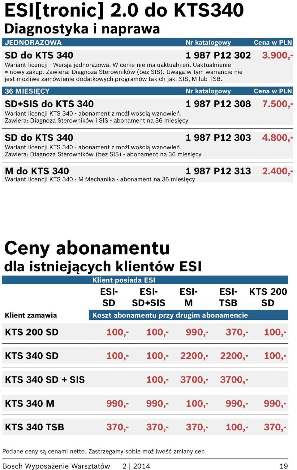 500,- Wariant licencji KTS 340 - abonament z możliwością wznowień. Zawiera: Diagnoza Sterowników i SIS - abonament na 36 miesięcy SD do KTS 340 1 987 P12 303 4.