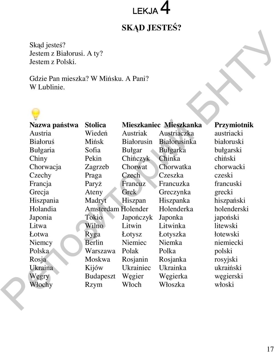 Chiny Pekin Chińczyk Chinka chiński Chorwacja Zagrzeb Chorwat Chorwatka chorwacki Czechy Praga Czech Czeszka czeski Francja ParyŜ Francuz Francuzka francuski Grecja Ateny Grek Greczynka grecki