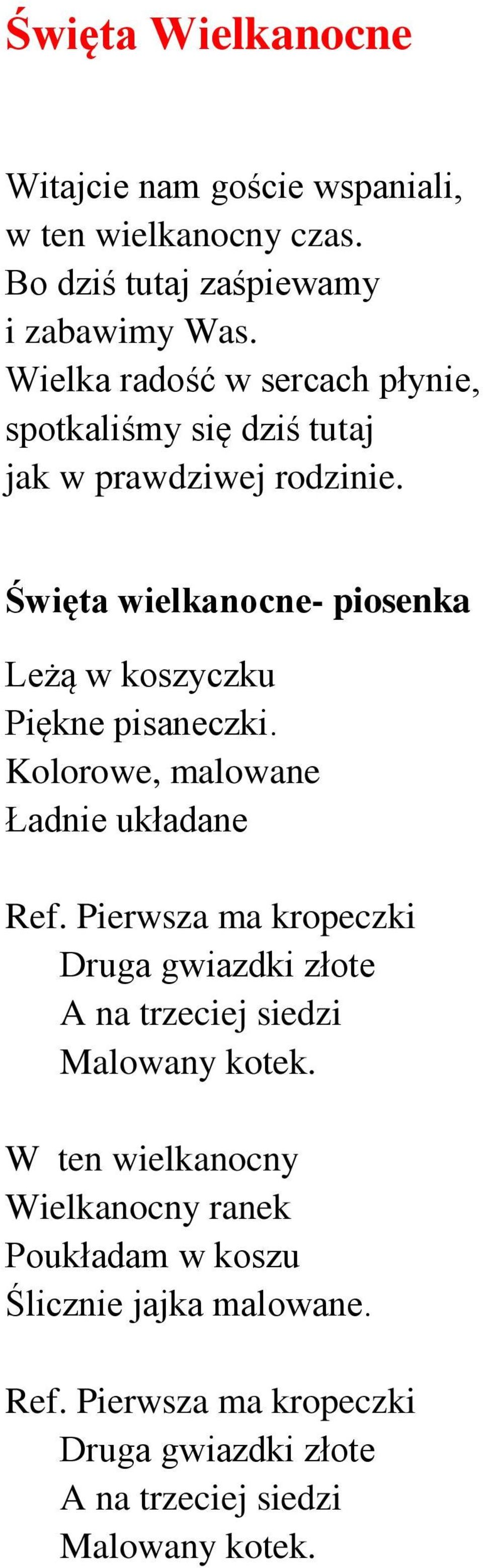 Święta wielkanocne- piosenka Leżą w koszyczku Piękne pisaneczki. Kolorowe, malowane Ładnie układane Ref.