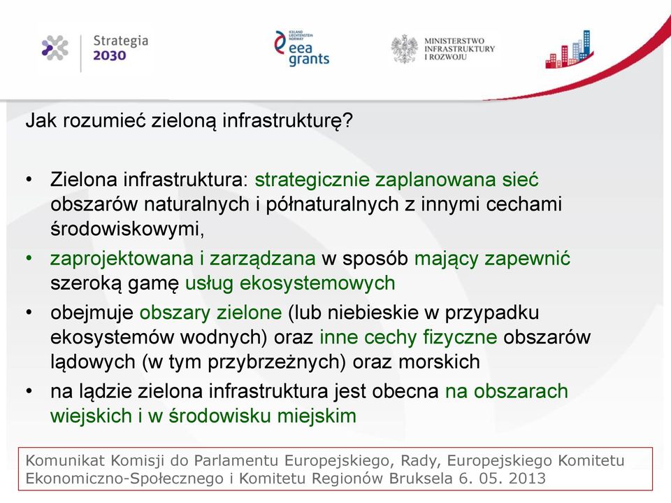 sposób mający zapewnić szeroką gamę usług ekosystemowych obejmuje obszary zielone (lub niebieskie w przypadku ekosystemów wodnych) oraz inne cechy fizyczne