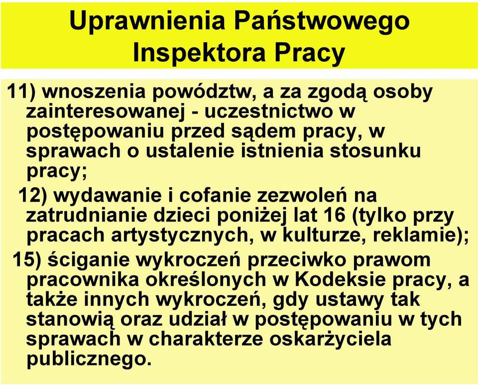 (tylko przy pracach artystycznych, w kulturze, reklamie); 15) ściganie wykroczeń przeciwko prawom pracownika określonych w Kodeksie