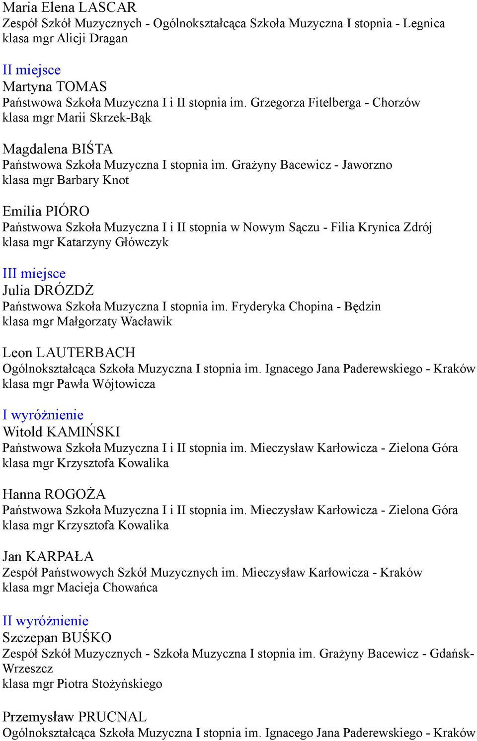 Grażyny Bacewicz - Jaworzno klasa mgr Barbary Knot Emilia PIÓRO Państwowa Szkoła Muzyczna I i II stopnia w Nowym Sączu - Filia Krynica Zdrój klasa mgr Katarzyny Główczyk III miejsce Julia DRÓZDŻ