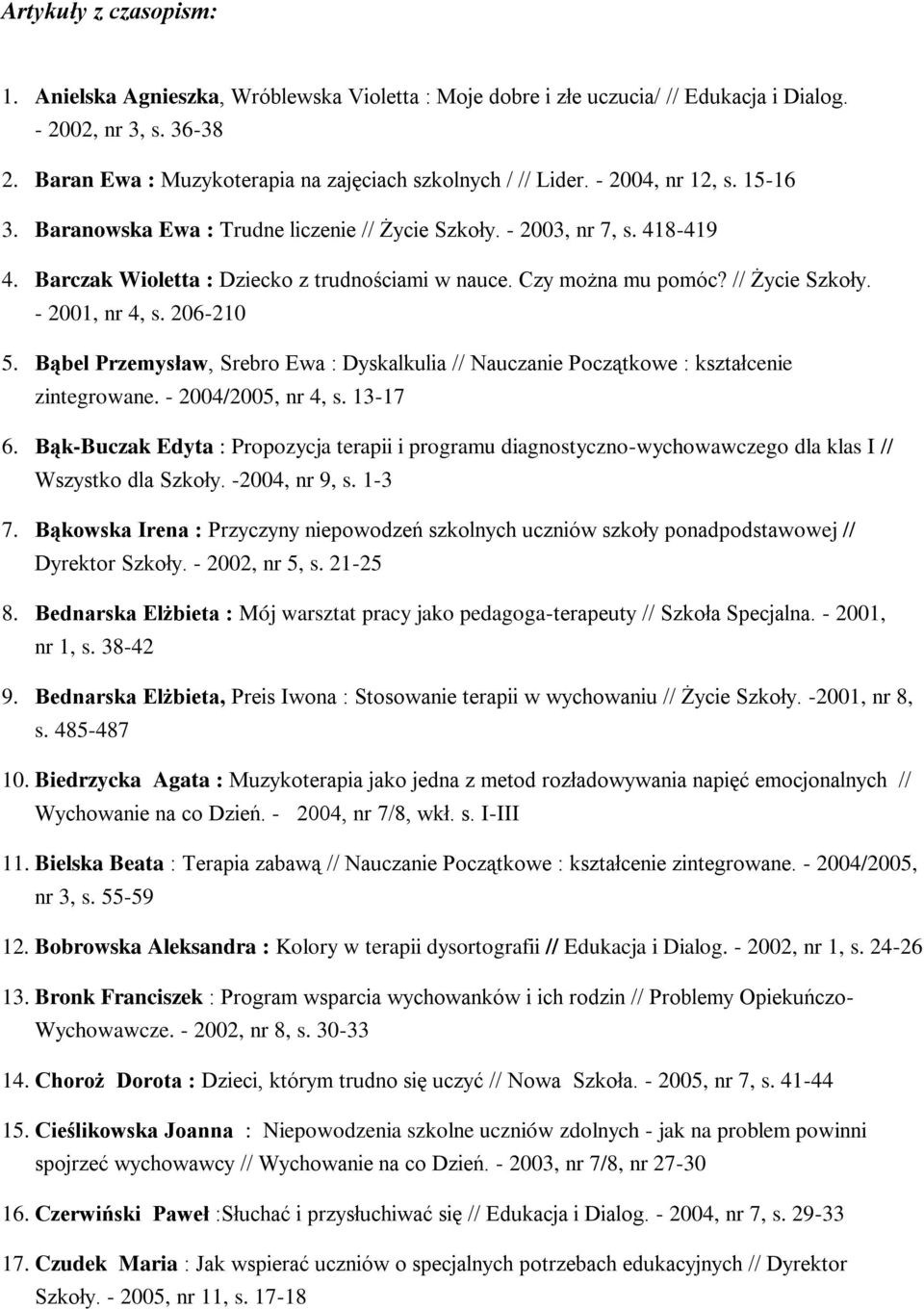 Barczak Wioletta : Dziecko z trudnościami w nauce. Czy można mu pomóc? // Życie Szkoły. - 2001, nr 4, s. 206-210 5.