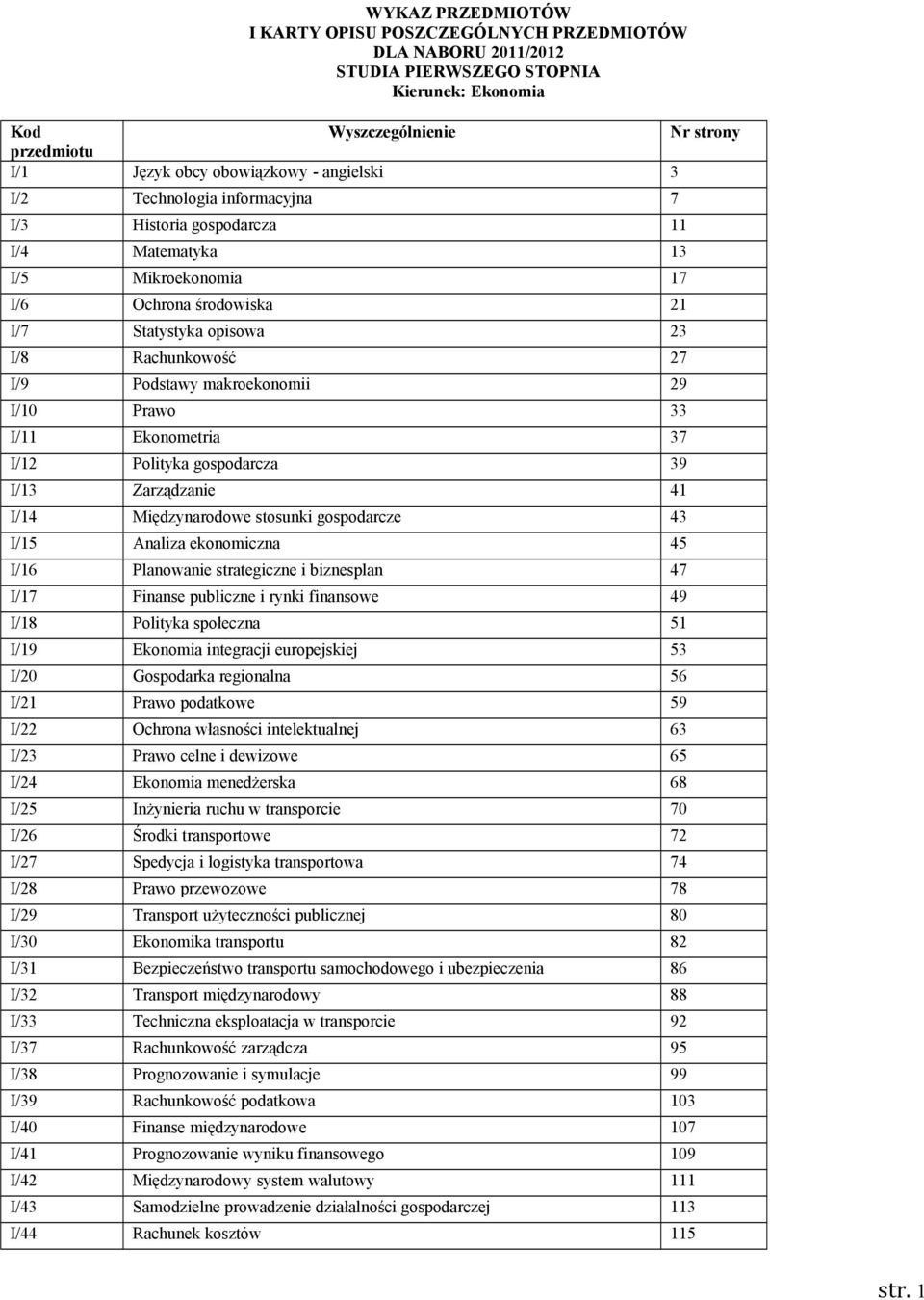 makroekonomii 29 I/10 Prawo 33 I/11 Ekonometria 37 I/12 Polityka gospodarcza 39 I/13 Zarządzanie 41 I/14 Międzynarodowe stosunki gospodarcze 43 I/15 Analiza ekonomiczna 45 I/16 Planowanie