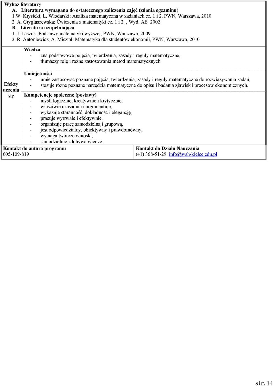Misztal: Matematyka dla studentów ekonomii, PWN, Warszawa, 2010 Efekty uczenia się Wiedza - zna podstawowe pojęcia, twierdzenia, zasady i reguły matematyczne, - tłumaczy rolę i różne zastosowania