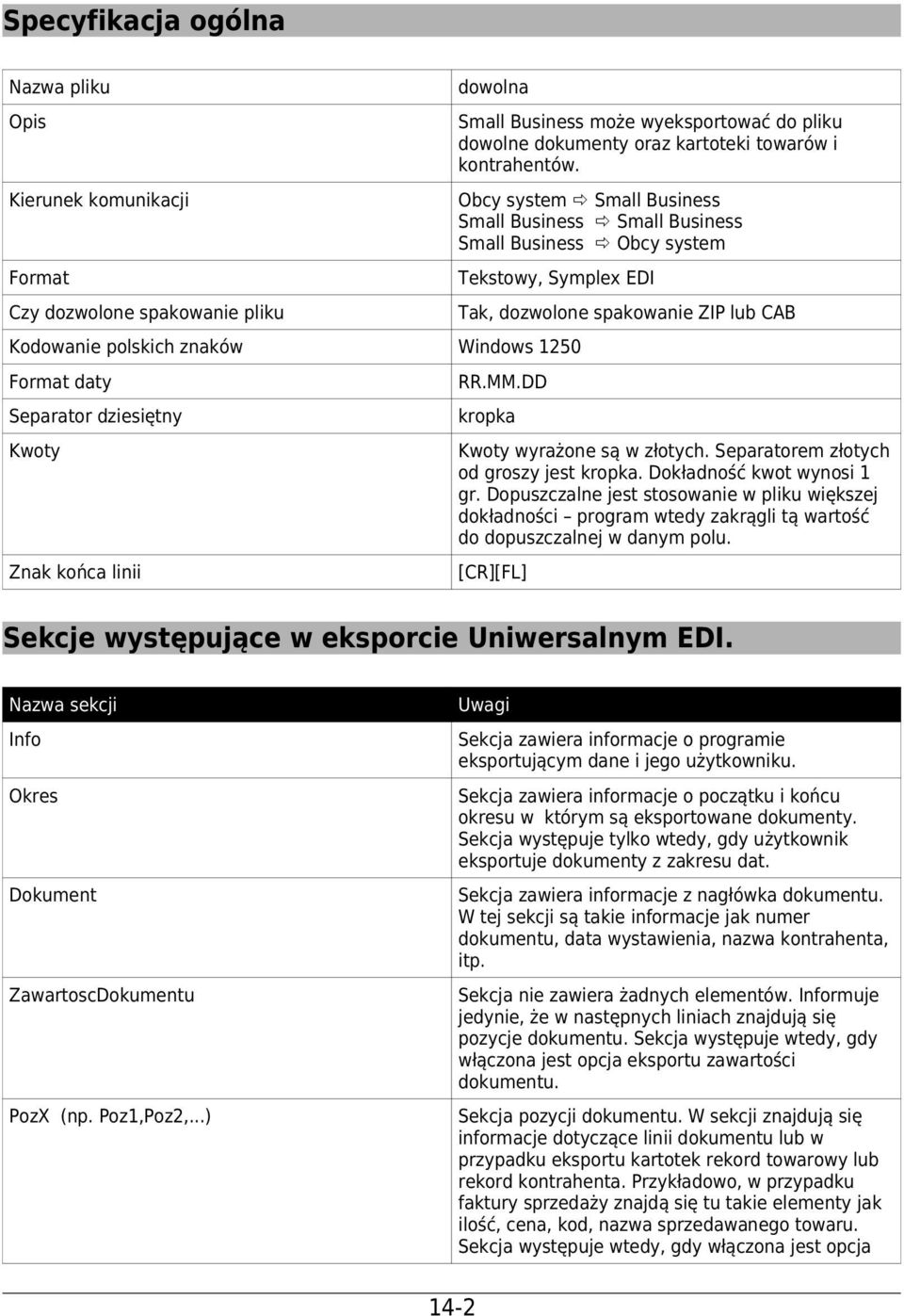 Obcy system Small Business Small Business Small Business Small Business Obcy system Tekstowy, Symplex EDI Kodowanie polskich znaków Windows 1250 Format daty Separator dziesiętny Kwoty Znak końca