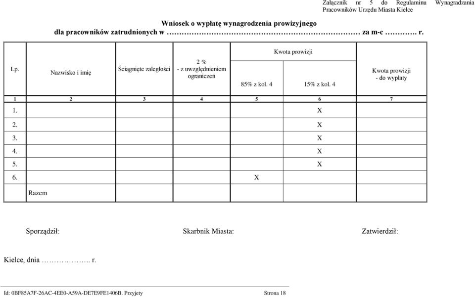 Nazwisko i imię Ściągnięte zaległości 2 % - z uwzględnieniem ograniczeń 85% z kol. 4 15% z kol.