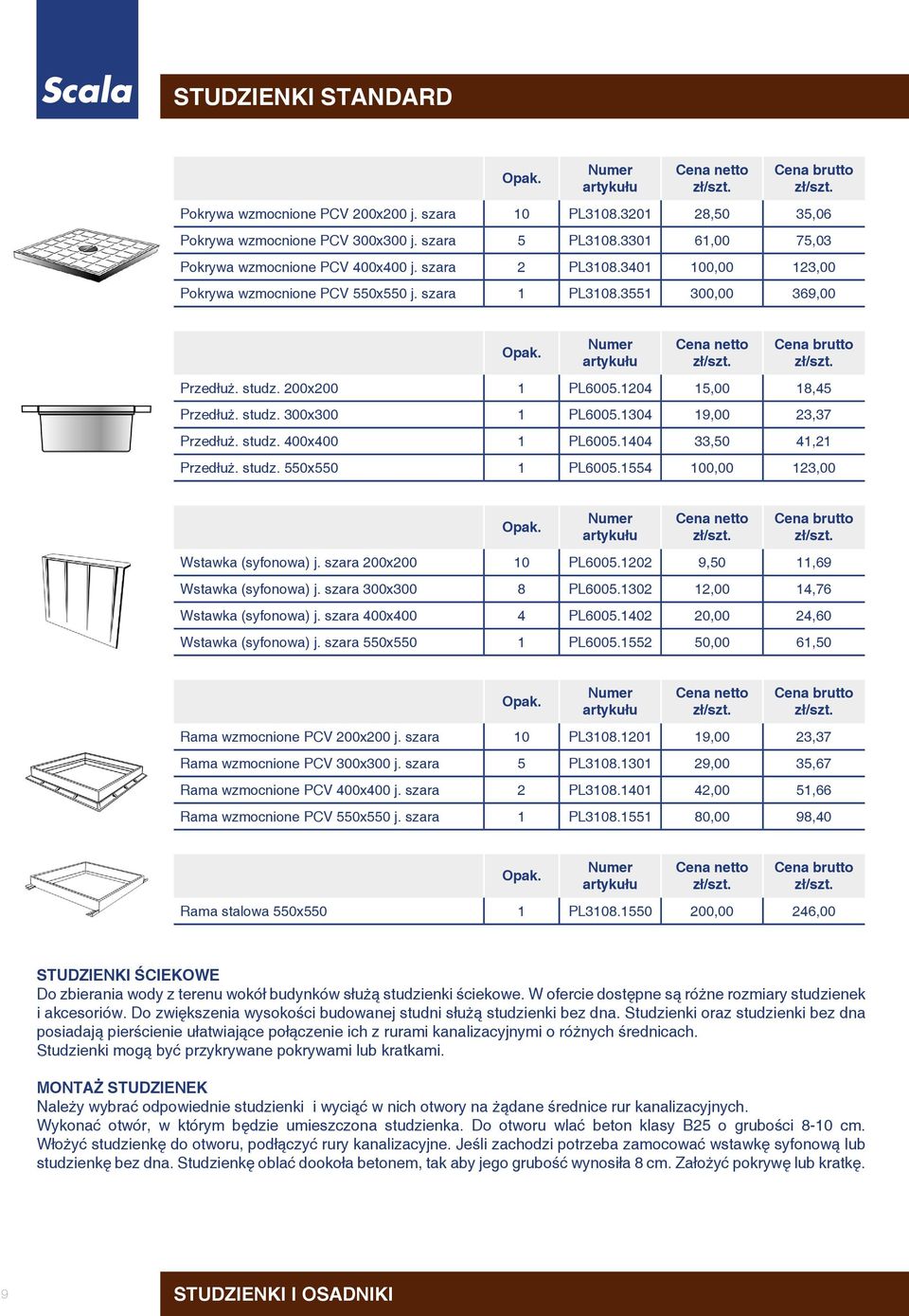 studz. 400x400 1 P6005.1404 33,50 41,21 Przedłuż. studz. 550x550 1 P6005.1554 100,00 123,00 Wstawka (syfonowa) j. szara 200x200 10 P6005.1202 9,50 11,69 Wstawka (syfonowa) j. szara 300x300 8 P6005.