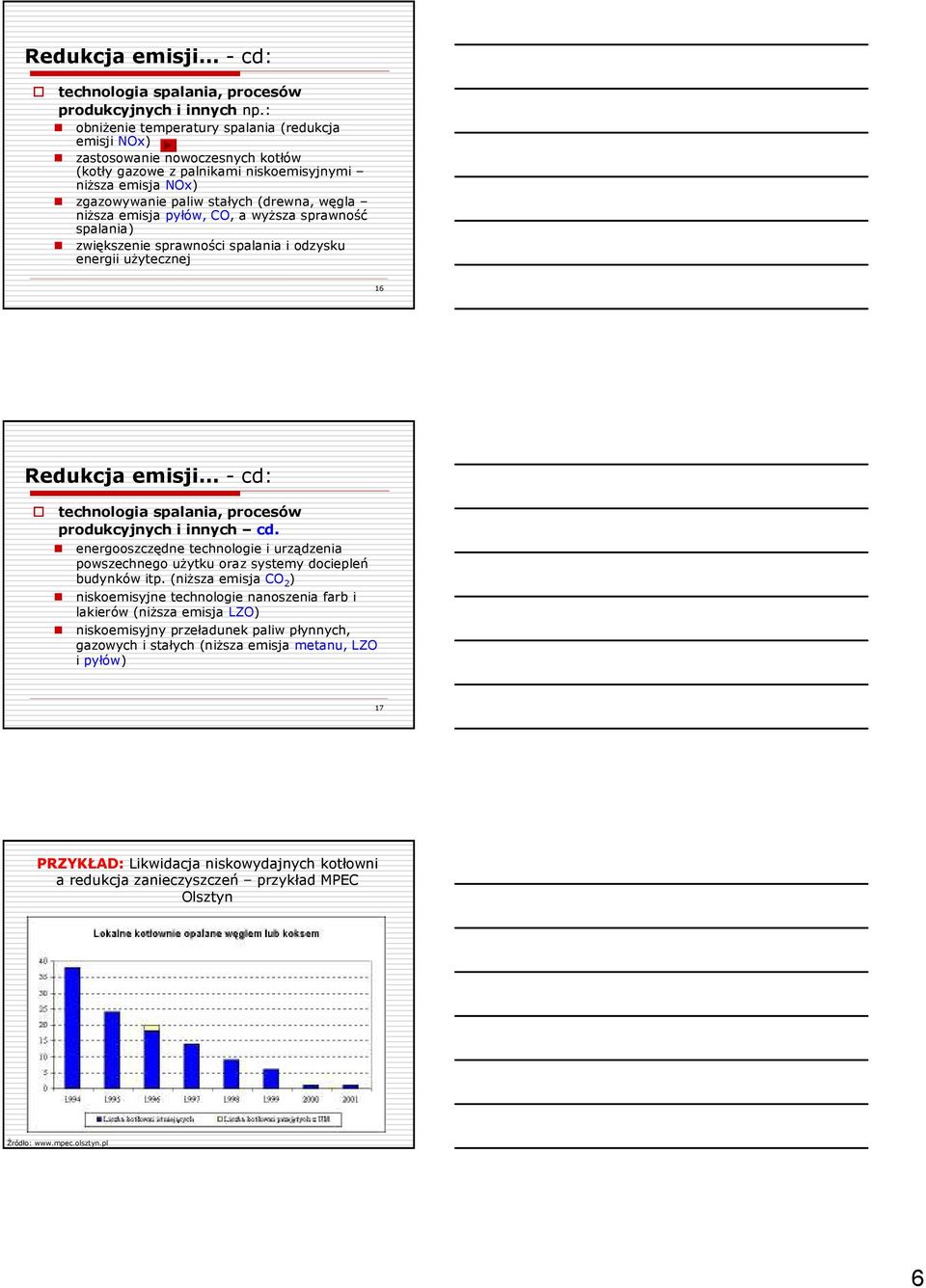 emisja pyłów, CO, a wyższa sprawność spalania) zwiększenie sprawności spalania i odzysku energii użytecznej 16 Redukcja emisji - cd: technologia spalania, procesów produkcyjnych i innych cd.