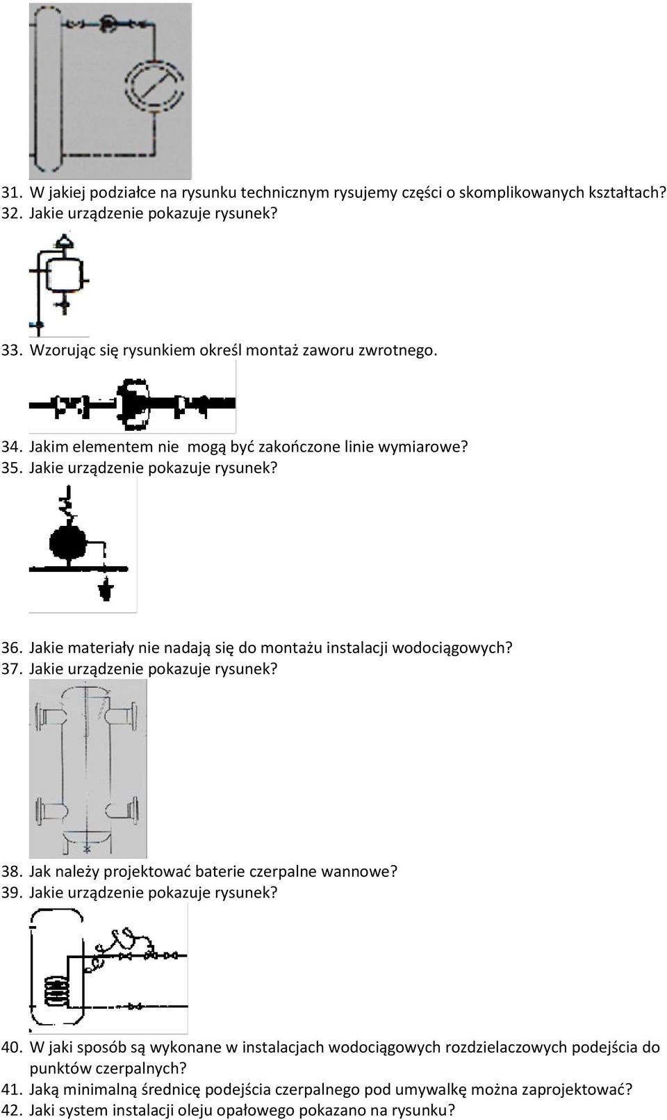 Jakie materiały nie nadają się do montażu instalacji wodociągowych? 37. Jakie urządzenie pokazuje rysunek? 38. Jak należy projektować baterie czerpalne wannowe? 39.