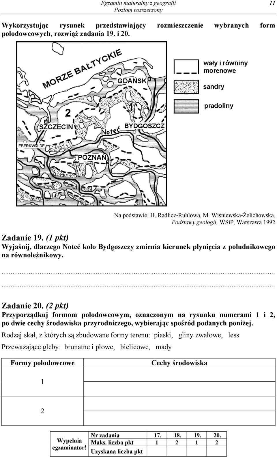 Zadanie 20. (2 pkt) Przyporządkuj formom polodowcowym, oznaczonym na rysunku numerami 1 i 2, po dwie cechy środowiska przyrodniczego, wybierając spośród podanych poniżej.