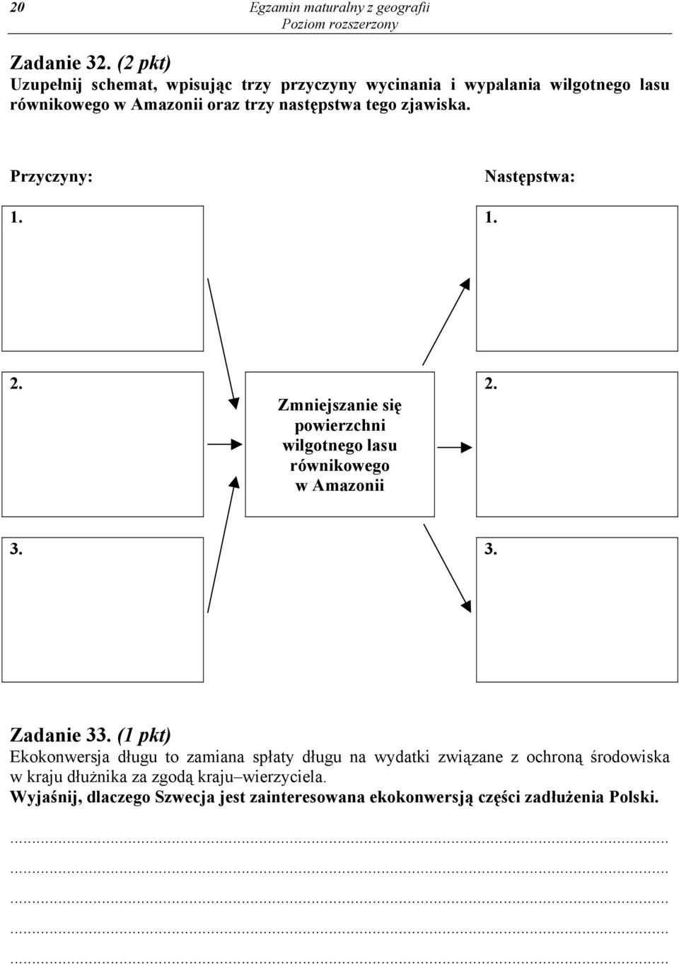 tego zjawiska. Przyczyny: Następstwa: 1. 1. 2. Zmniejszanie się powierzchni wilgotnego lasu równikowego w Amazonii 2. 3. 3. Zadanie 33.