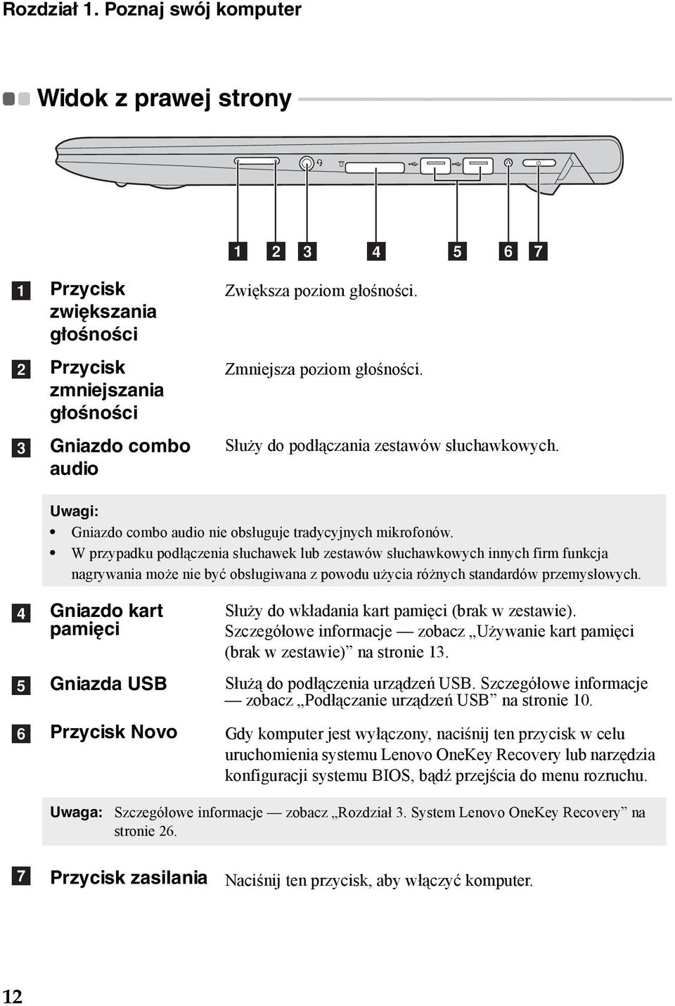 g a b c Przycisk zwiększania głośności Przycisk zmniejszania głośności Gniazdo combo audio Zwiększa poziom głośności. Zmniejsza poziom głośności. Służy do podłączania zestawów słuchawkowych.