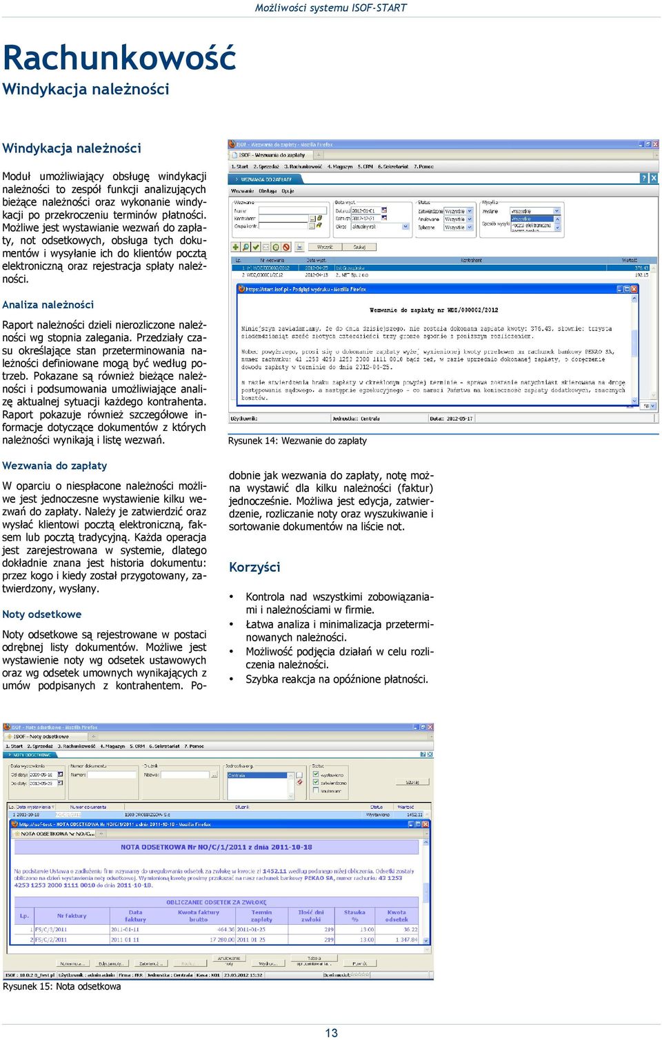 Możliwe jest wystawianie wezwań do zapłaty, not odsetkowych, obsługa tych dokumentów i wysyłanie ich do klientów pocztą elektroniczną oraz rejestracja spłaty należności.