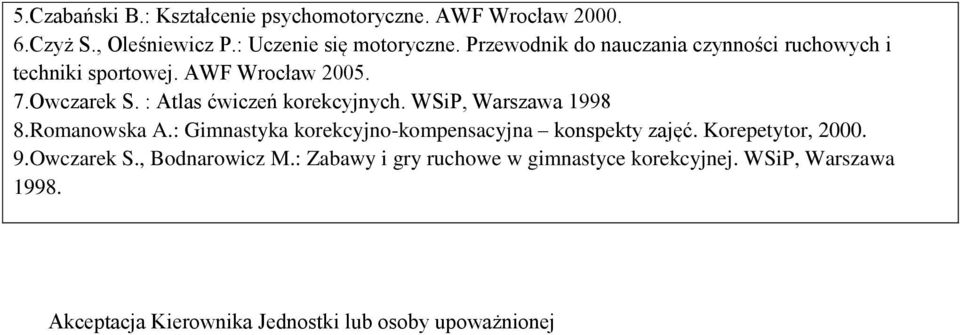 WSiP, Warszawa 1998 8.Romanowska A.: Gimnastyka korekcyjno-kompensacyjna konspekty zajęć. Korepetytor, 2000. 9.Owczarek S.