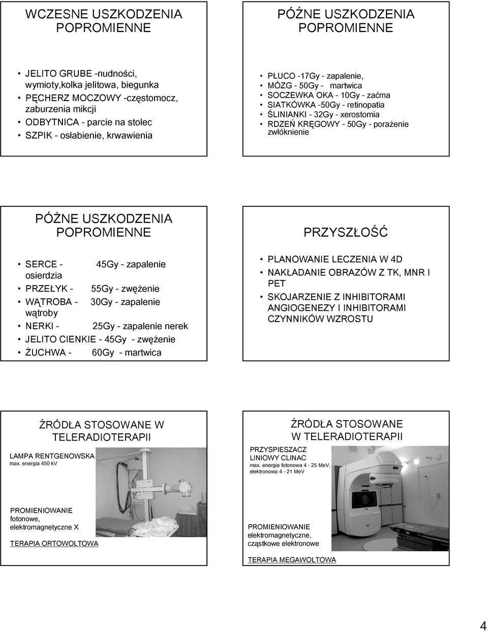 USZKODZENIA SERCE - osierdzia PRZEŁYK - WĄTROBA - wątroby NERKI - 45Gy - zapalenie 55Gy - zwężenie 30Gy - zapalenie 25Gy - zapalenie nerek JELITO CIENKIE - 45Gy - zwężenie ŻUCHWA - 60Gy - martwica