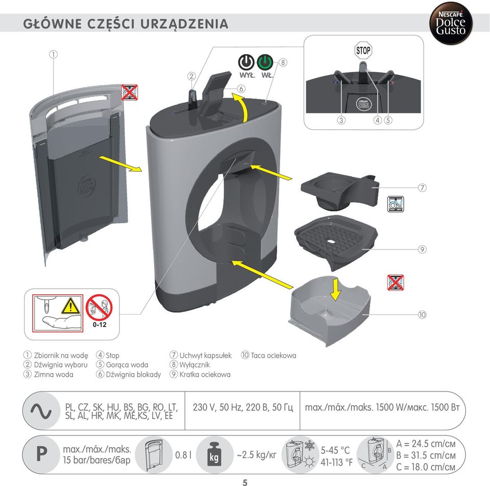 Gorąca woda 8 Wyłącznik 3 Zimna woda 6 Dźwignia blokady 9 Kratka ociekowa PL, CZ, SK, HU, BS, BG, RO, LT, 30 V,