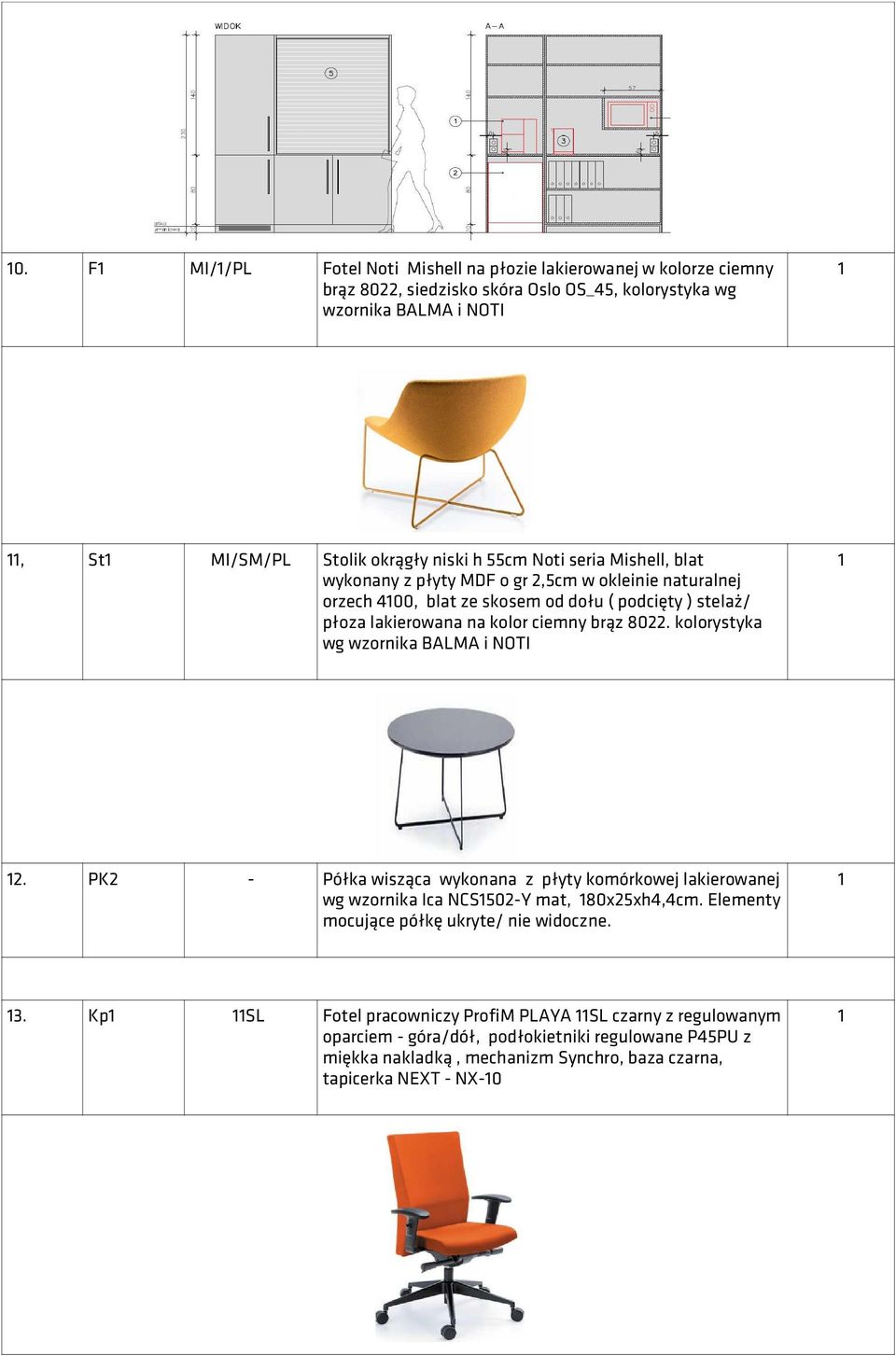 kolorystyka wg i NOTI 2. PK2 - Półka wisząca wykonana z płyty komórkowej lakierowanej wg wzornika Ica NCS502-Y mat, 80x25xh4,4cm. Elementy mocujące półkę ukryte/ nie widoczne. 3.