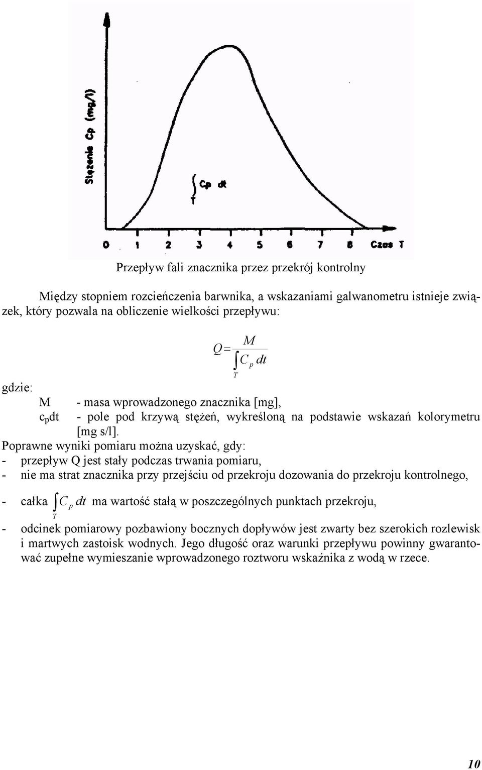 Poprawne wyniki pomiaru można uzyskać, gdy: - przepływ Q jest stały podczas trwania pomiaru, - nie ma strat znacznika przy przejściu od przekroju dozowania do przekroju kontrolnego, - całka C p dt ma