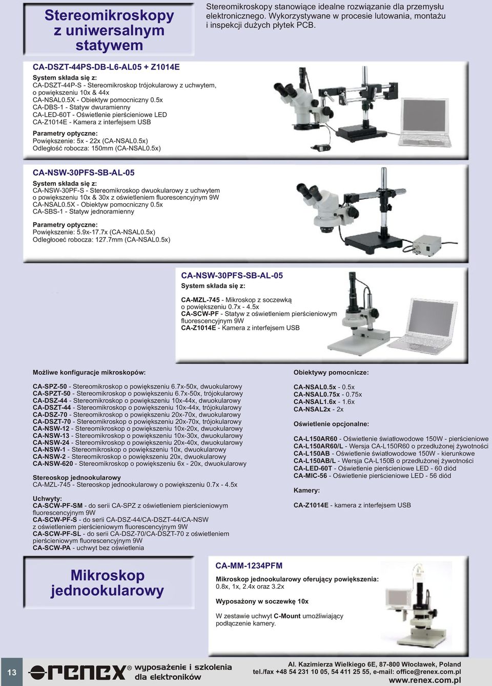 5x CA-DBS-1 - Statyw dwuramienny CA-LED-60T - Oœwietlenie pierœcieniwe LED CA-Z1014E - Kamera z interfejsem USB Parametry ptyczne: Pwiêkszenie: 5x - 22x (CA-NSAL0.5x) Odleg³œæ rbcza: 150mm (CA-NSAL0.